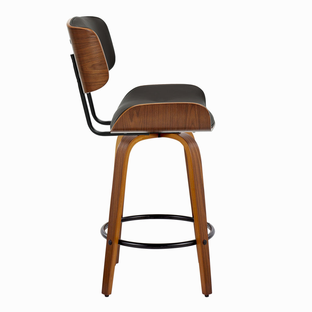 Lombardi 26" Fixed-Height Counter Stool - Set of 2 - Walnut Wood, Espresso PU, Black Metal