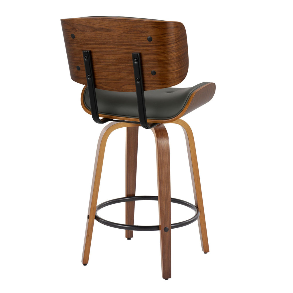 Lombardi 26" Fixed-Height Counter Stool - Set of 2 - Walnut Wood, Black Metal, Grey PU