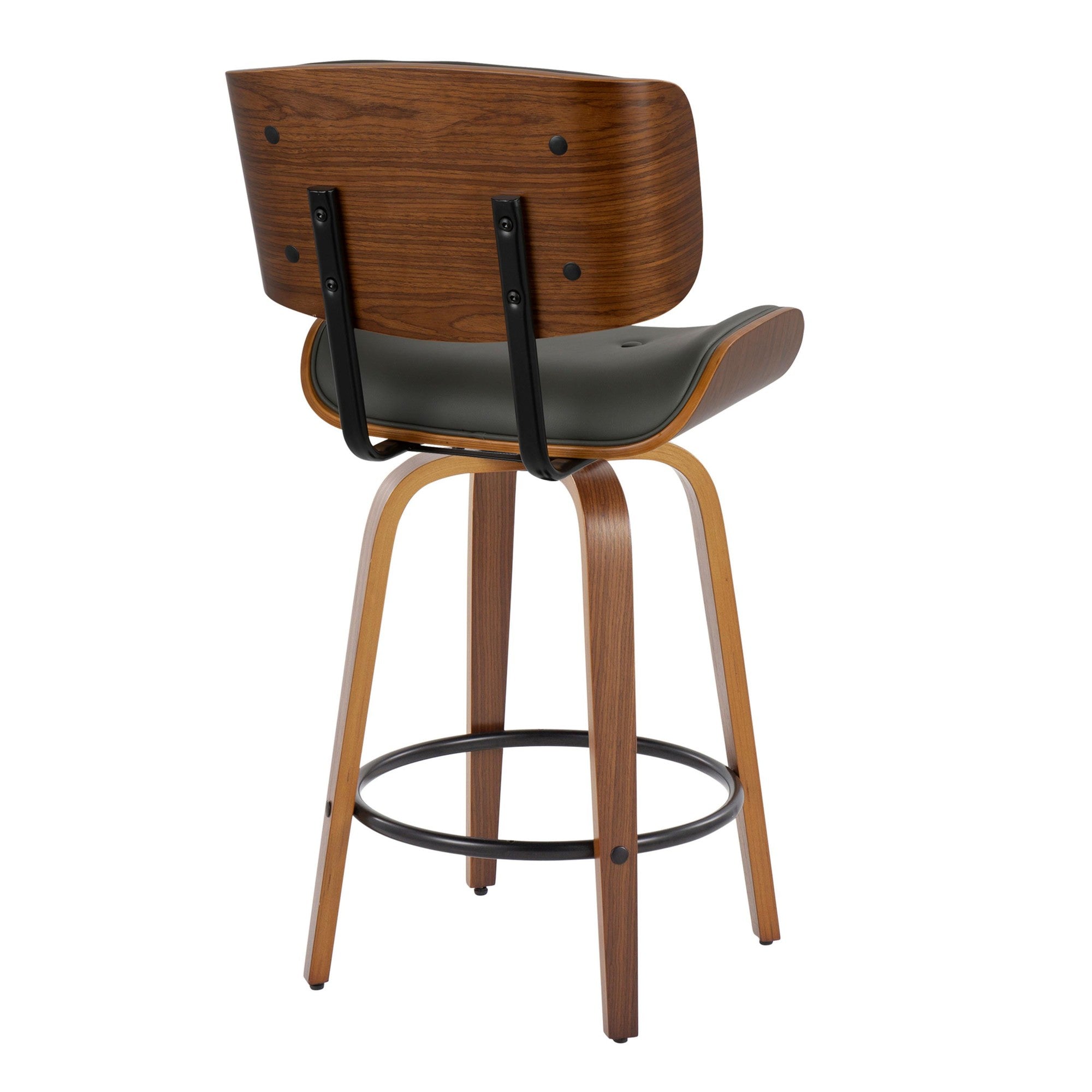 Lombardi 26" Fixed-Height Counter Stool - Set of 2 - Walnut Wood, Black Metal, Grey PU