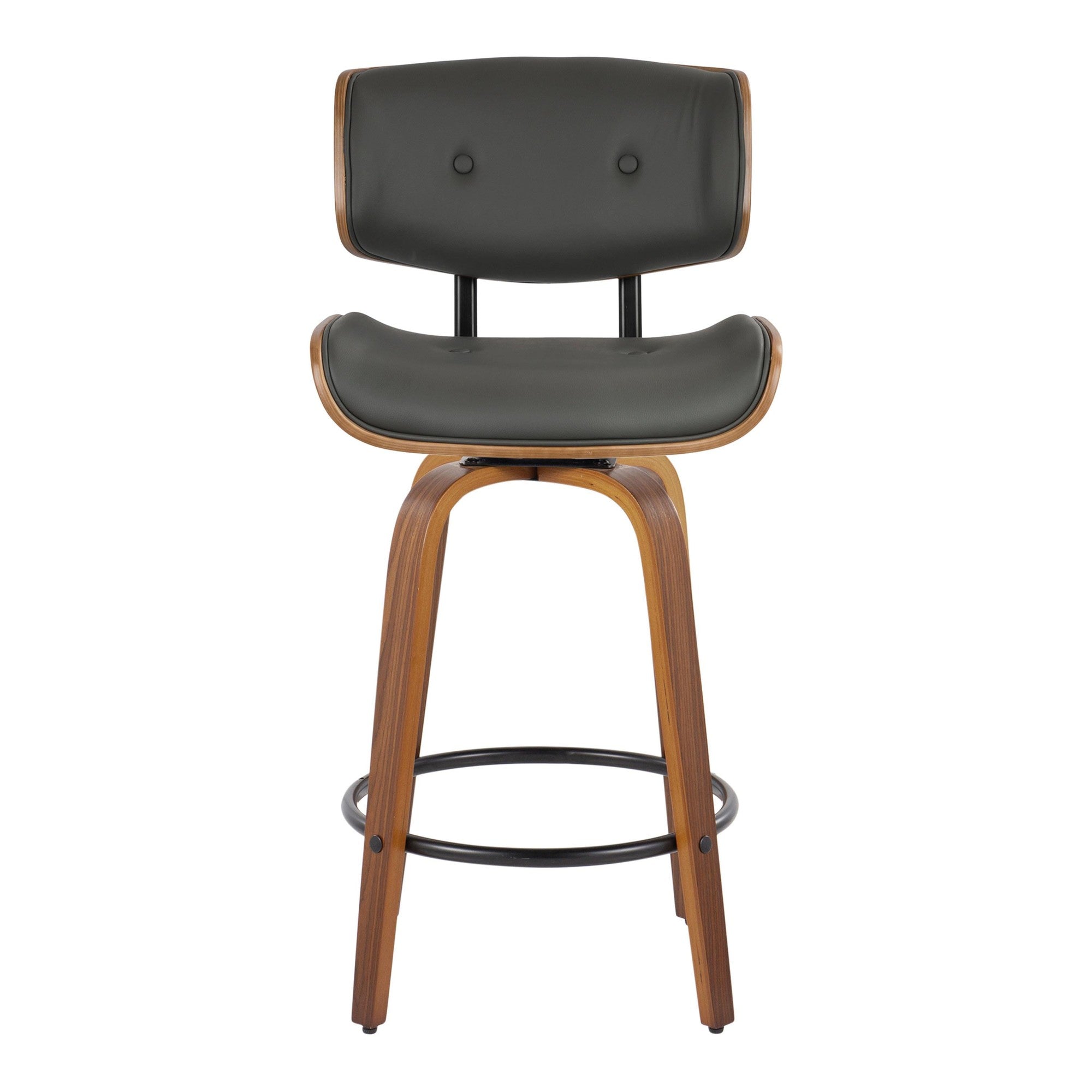 Lombardi 26" Fixed-Height Counter Stool - Set of 2 - Walnut Wood, Black Metal, Grey PU