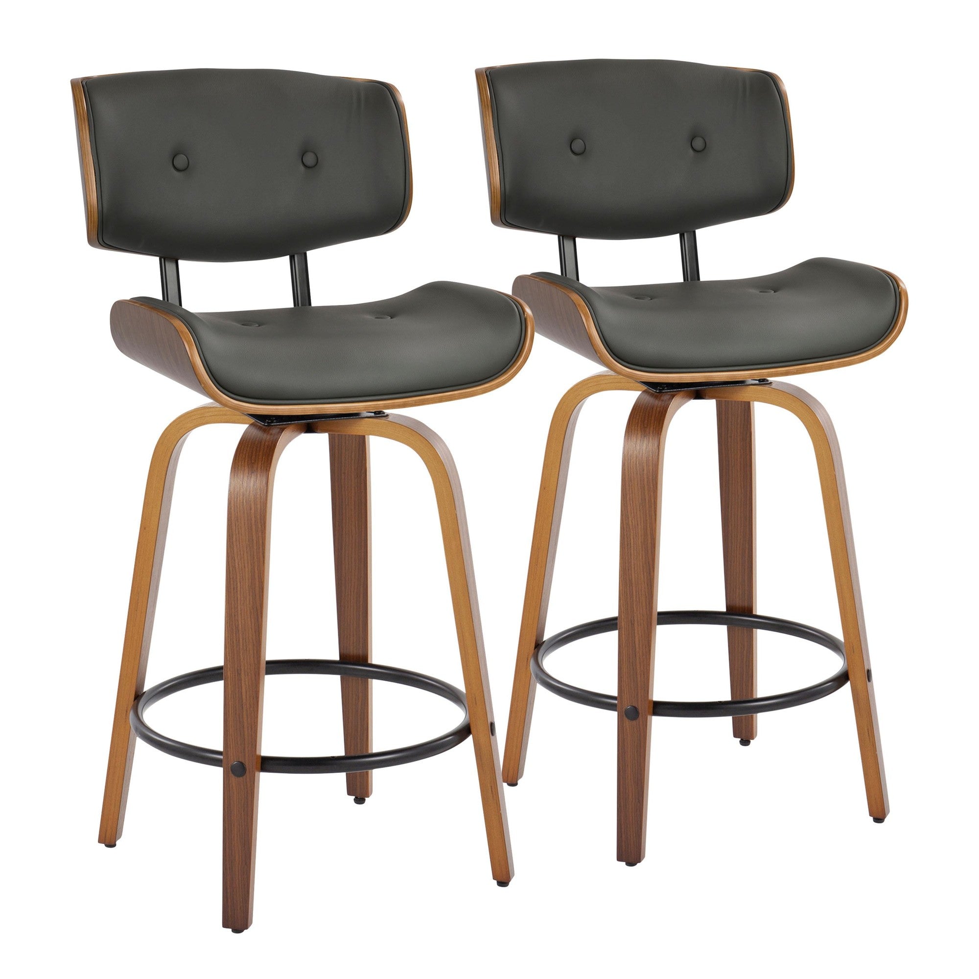Lombardi 26" Fixed-Height Counter Stool - Set of 2 - Walnut Wood, Black Metal, Grey PU