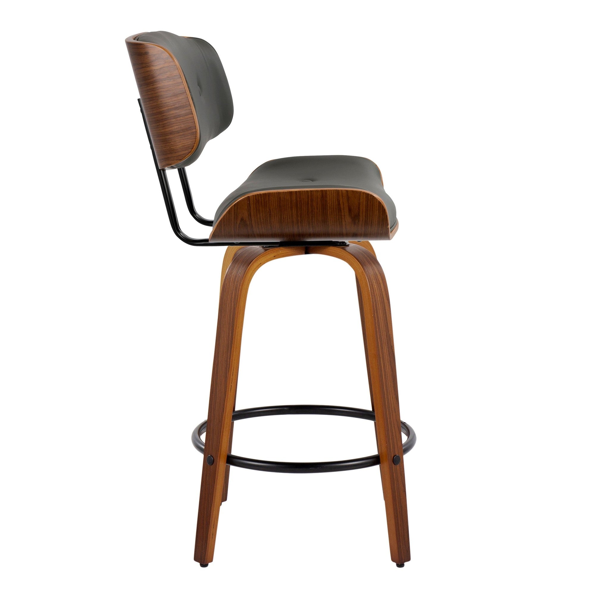 Lombardi 26" Fixed-Height Counter Stool - Set of 2 - Walnut Wood, Black Metal, Grey PU