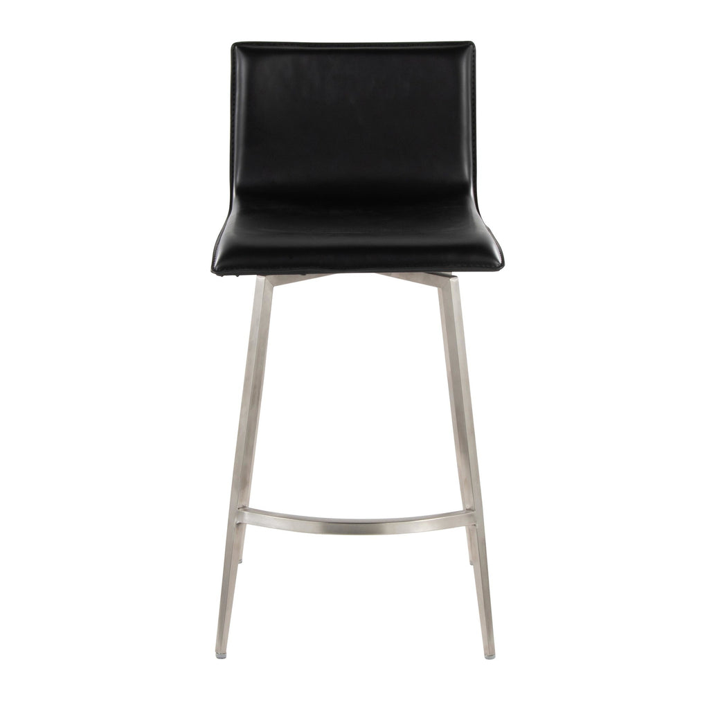 Mara Upholstered 26" Fixed-Height Counter Stool - Set of 2 - Stainless Steel, Black PU