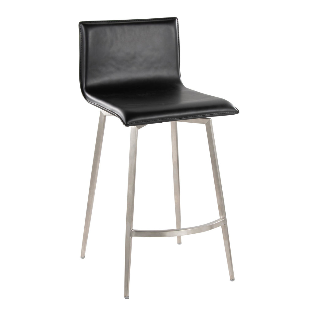 Mara Upholstered 26" Fixed-Height Counter Stool - Set of 2 - Stainless Steel, Black PU