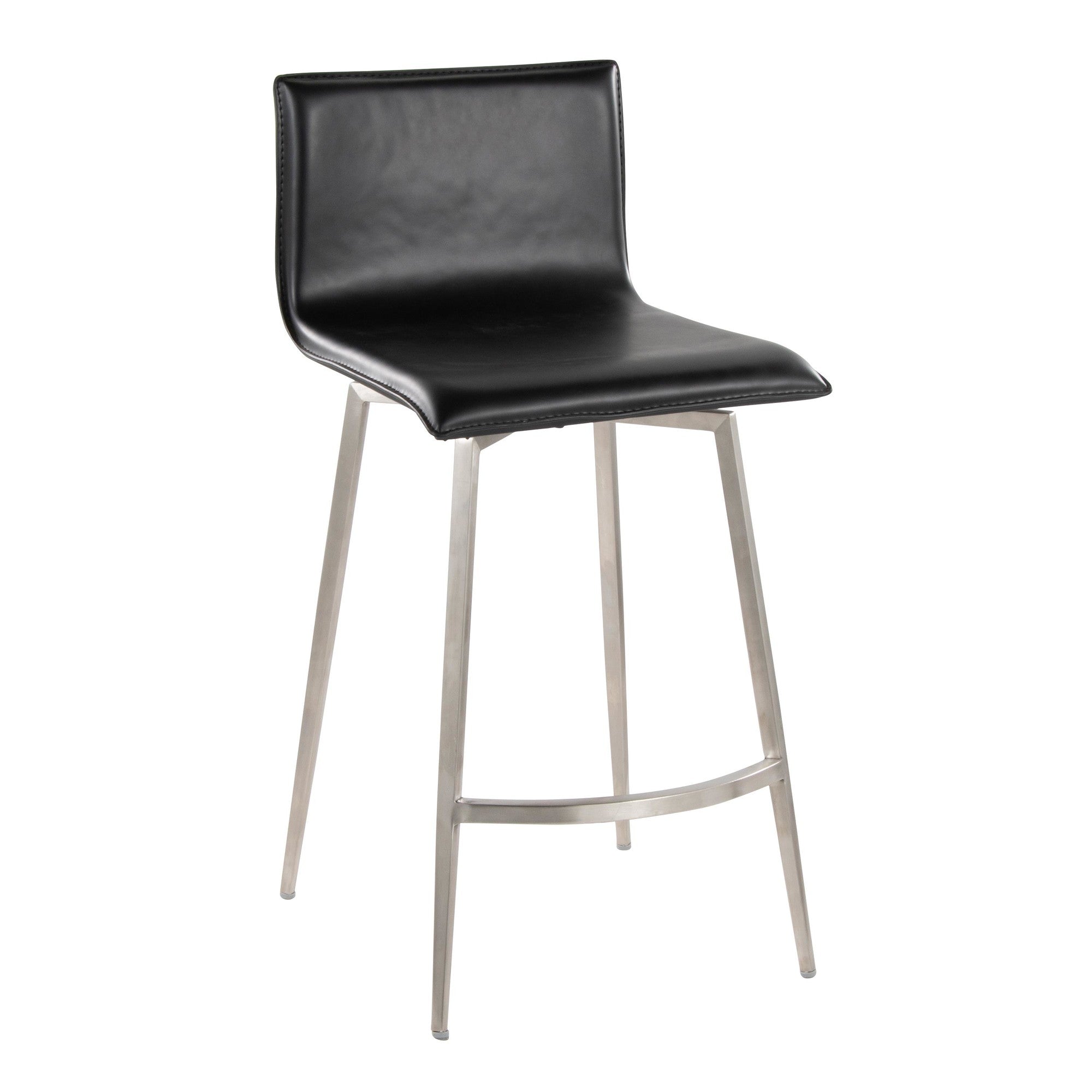 Mara Upholstered 26" Fixed-Height Counter Stool - Set of 2 - Stainless Steel, Black PU