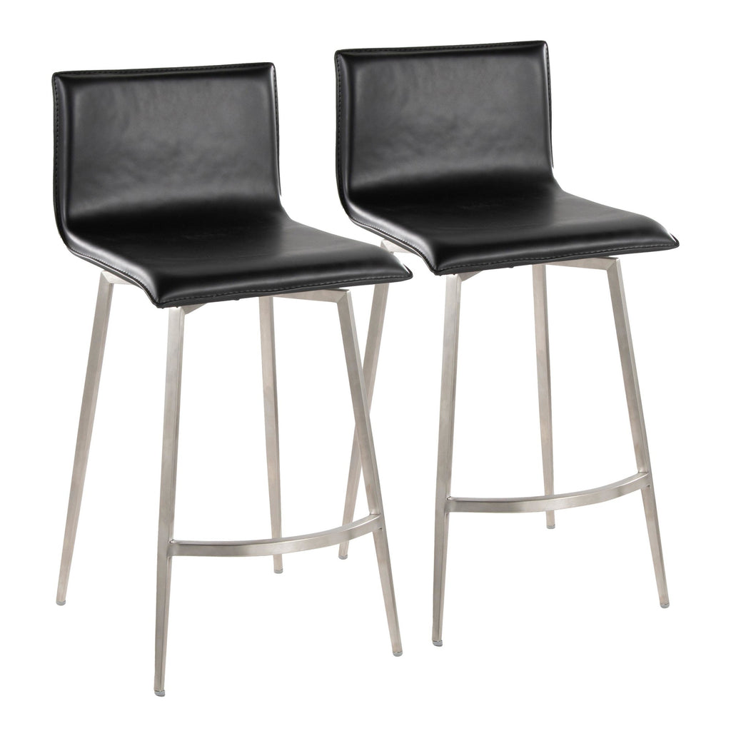 Mara Upholstered 26" Fixed-Height Counter Stool - Set of 2 - Stainless Steel, Black PU