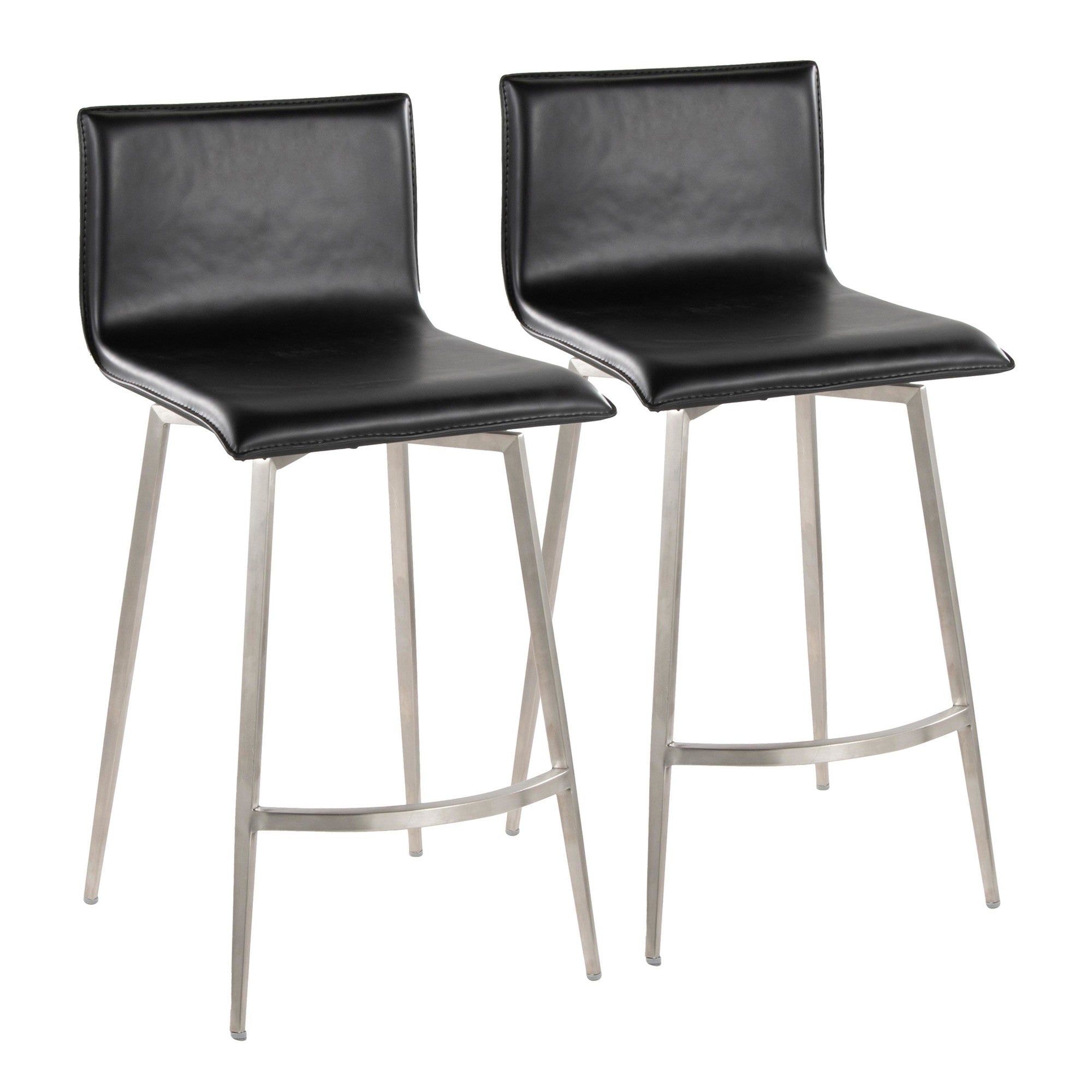 Mara Upholstered 26" Fixed-Height Counter Stool - Set of 2 - Stainless Steel, Black PU