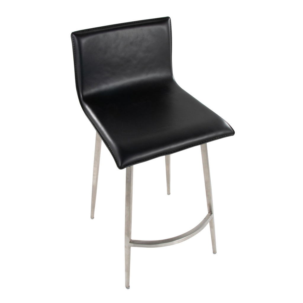 Mara Upholstered 26" Fixed-Height Counter Stool - Set of 2 - Stainless Steel, Black PU