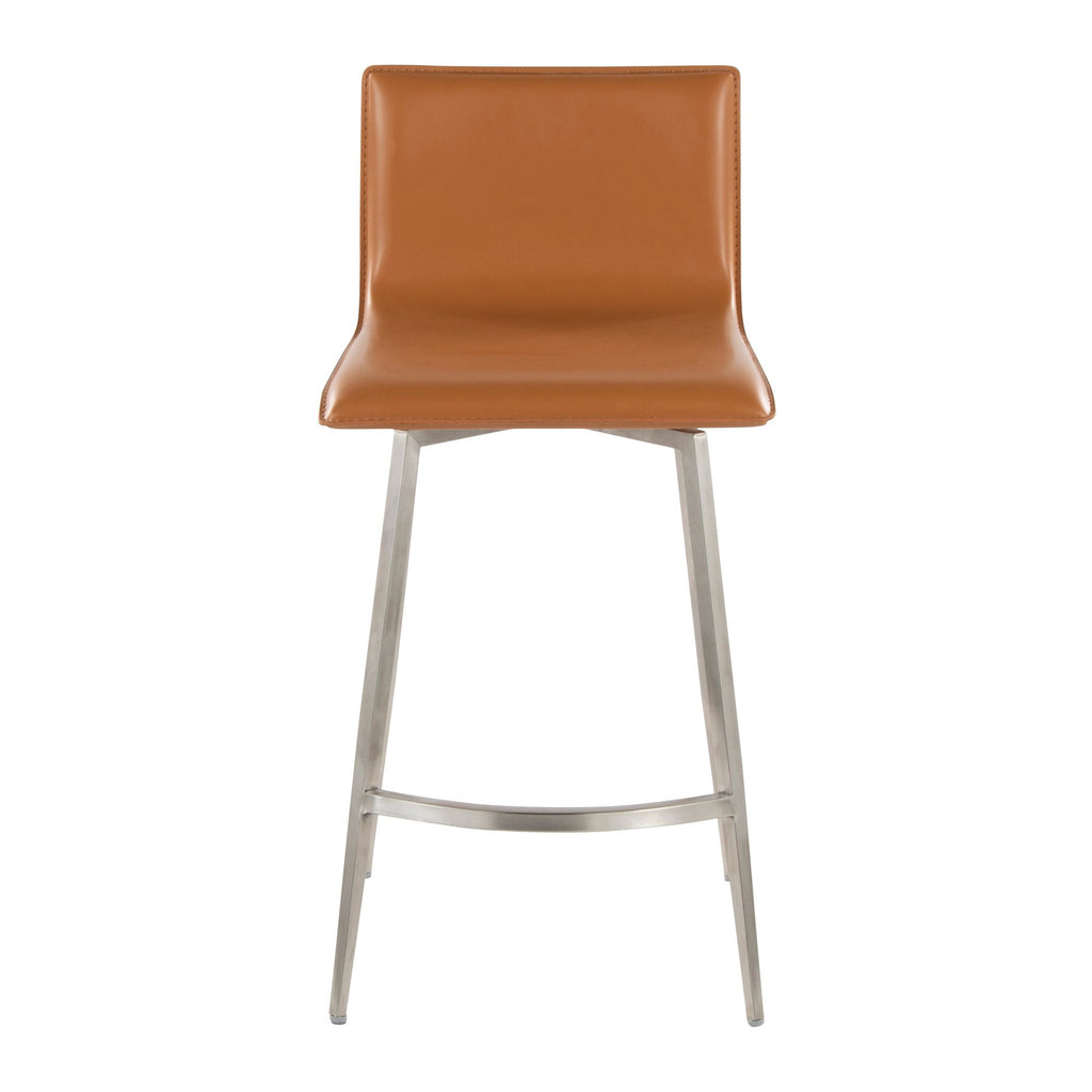 Mara Upholstered 26" Fixed-Height Counter Stool - Set of 2 - Stainless Steel, Camel PU