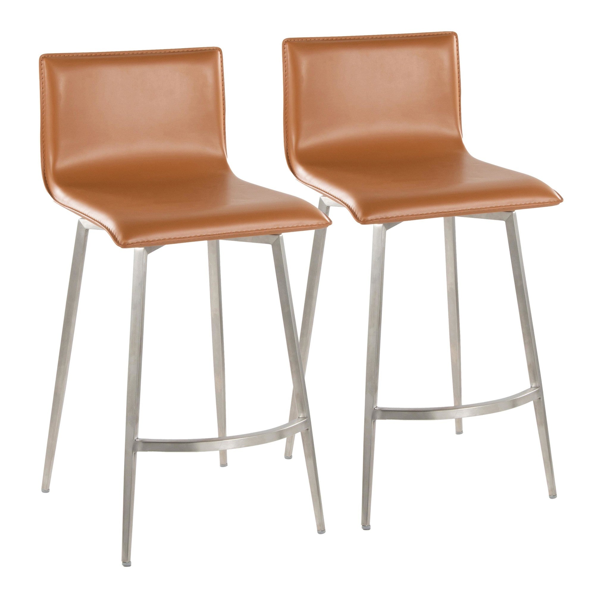Mara Upholstered 26" Fixed-Height Counter Stool - Set of 2 - Stainless Steel, Camel PU