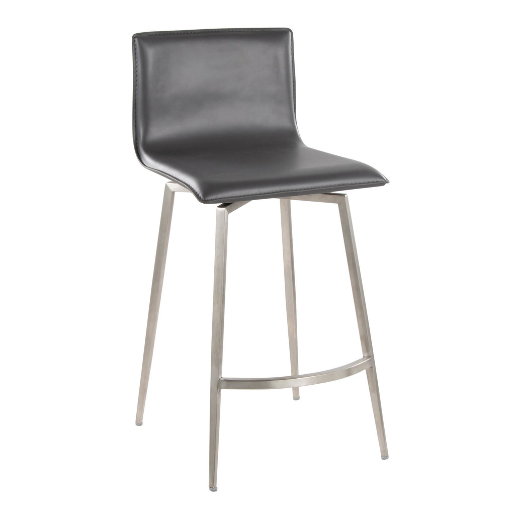 Mara Upholstered 26" Fixed-Height Counter Stool - Set of 2 - Stainless Steel, Grey PU