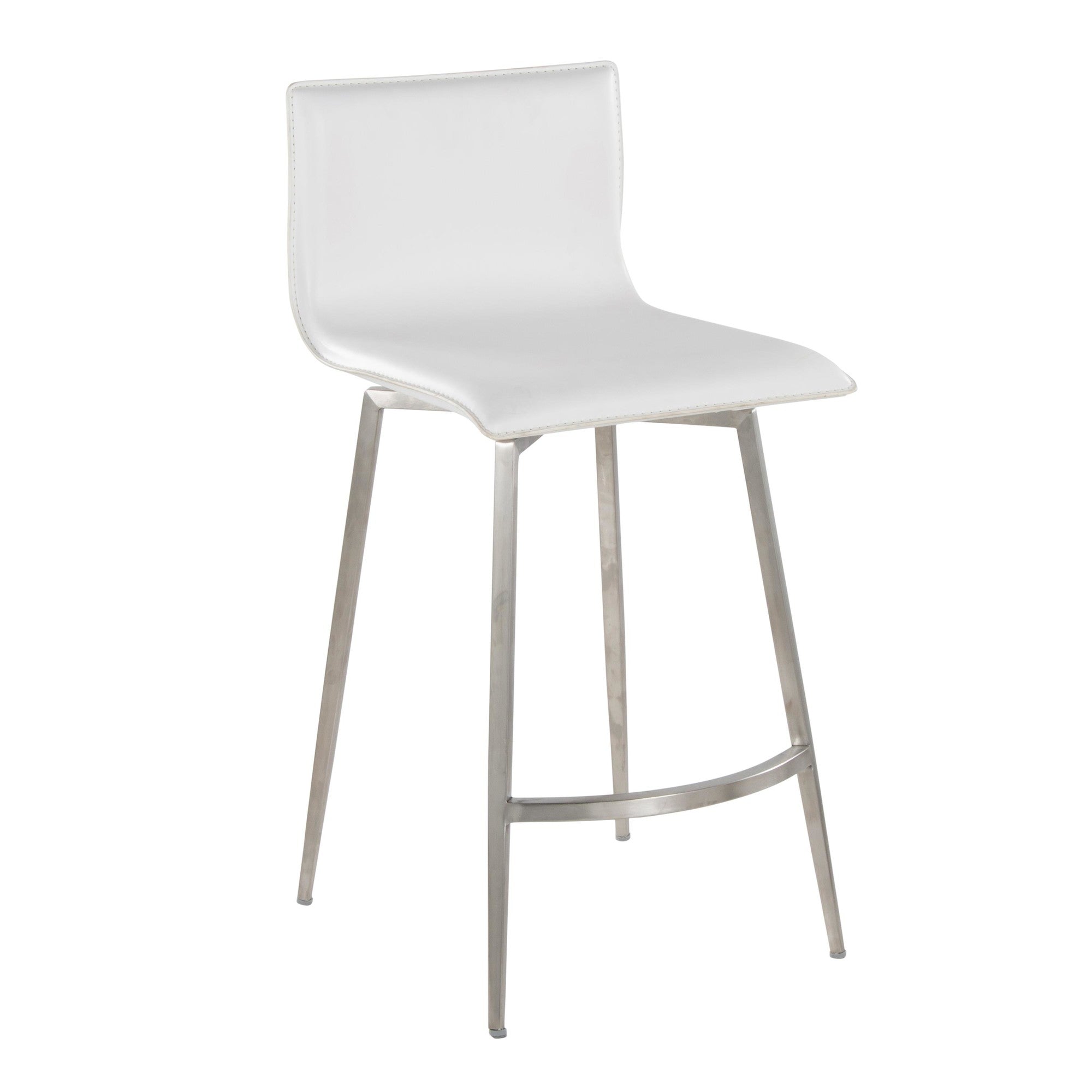 Mara Upholstered 26" Fixed-Height Counter Stool - Set of 2 - Stainless Steel, White PU