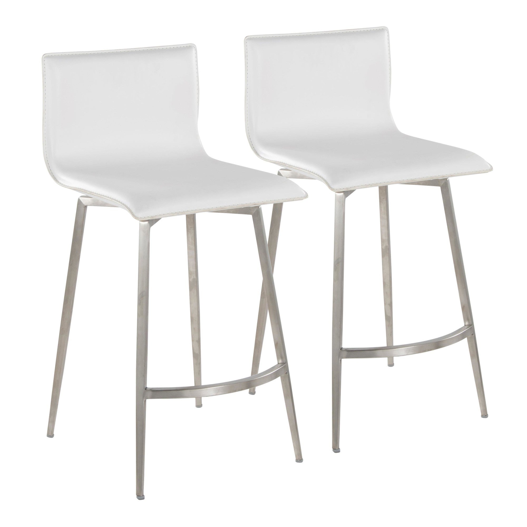 Mara Upholstered 26" Fixed-Height Counter Stool - Set of 2 - Stainless Steel, White PU