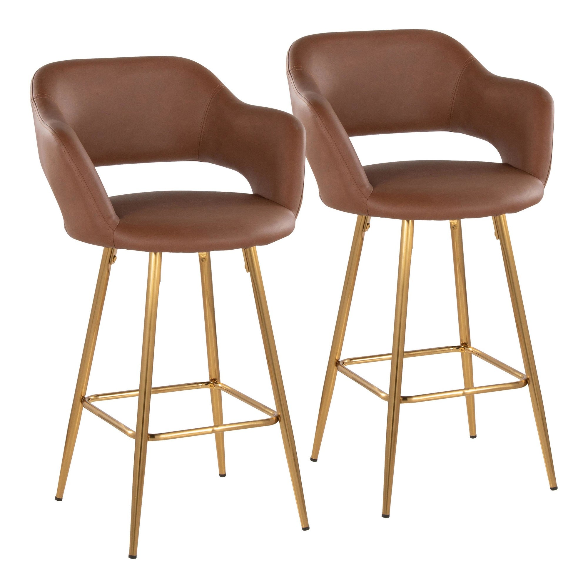 Margarite 26" Fixed-Height Counter Stool - Set of 2 - Gold Metal, Brown PU