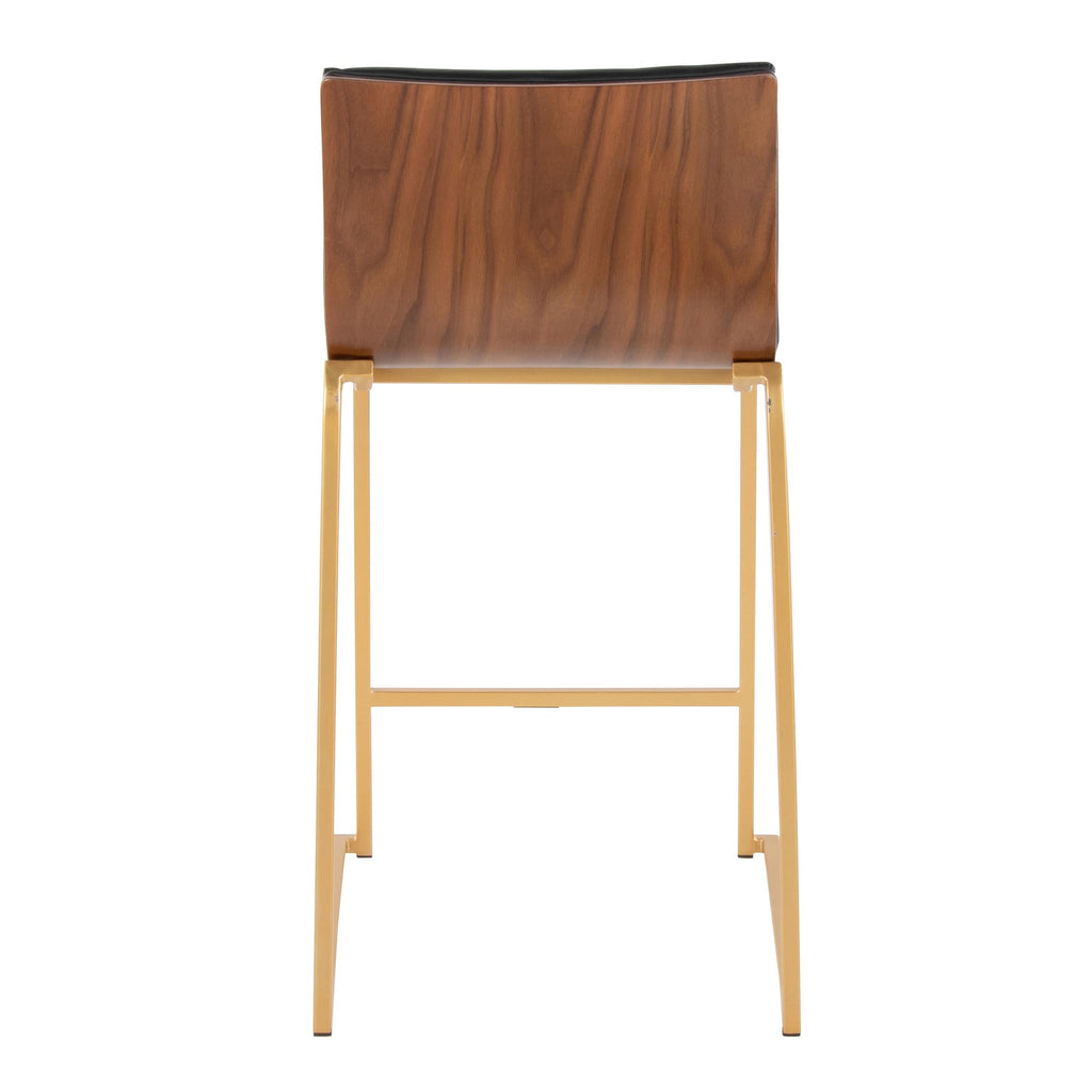 Mason Mara 26" Fixed-Height Counter Stool - Set of 2 - Gold Metal, Walnut Wood, Black PU