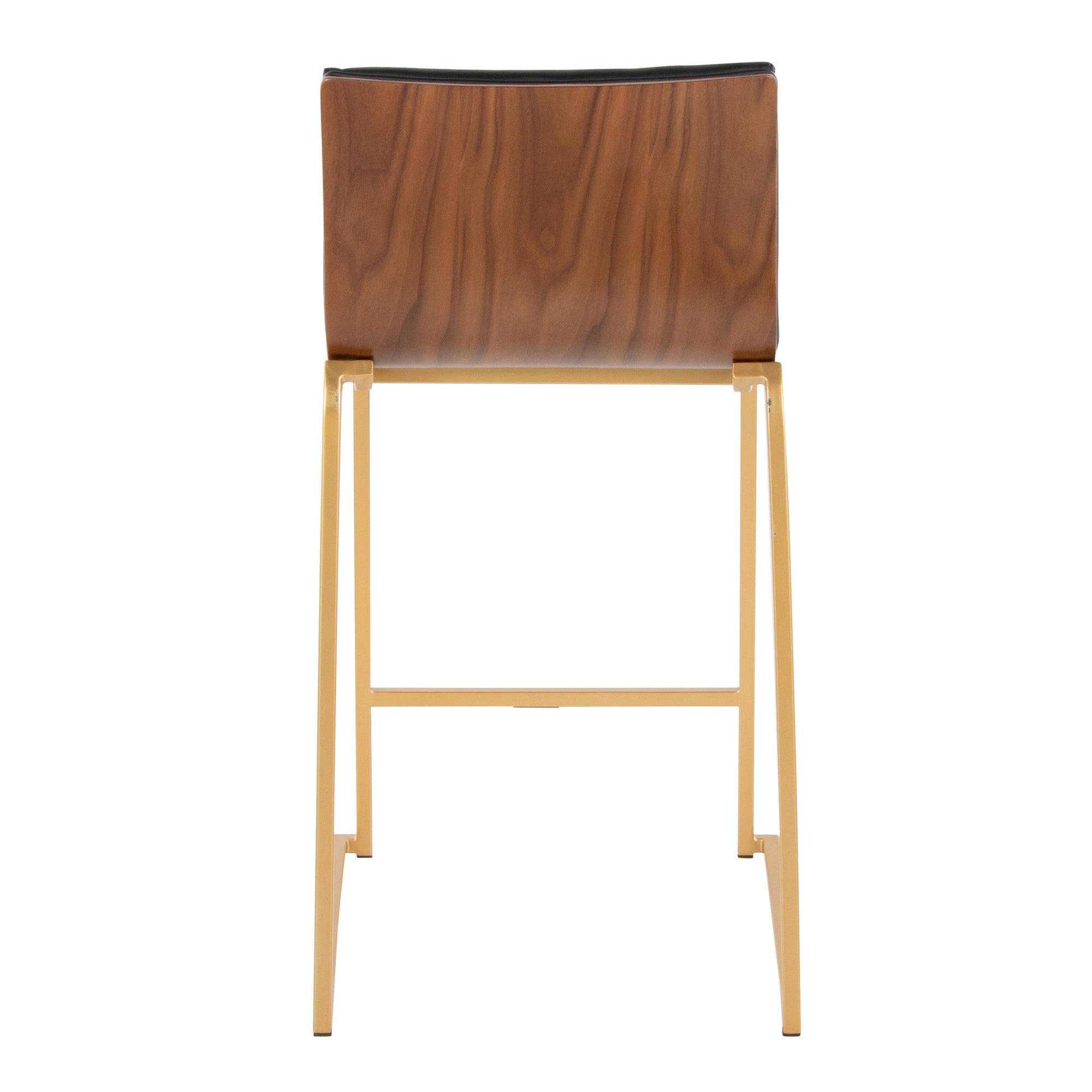 Mason Mara 26" Fixed-Height Counter Stool - Set of 2 - Gold Metal, Walnut Wood, Black PU