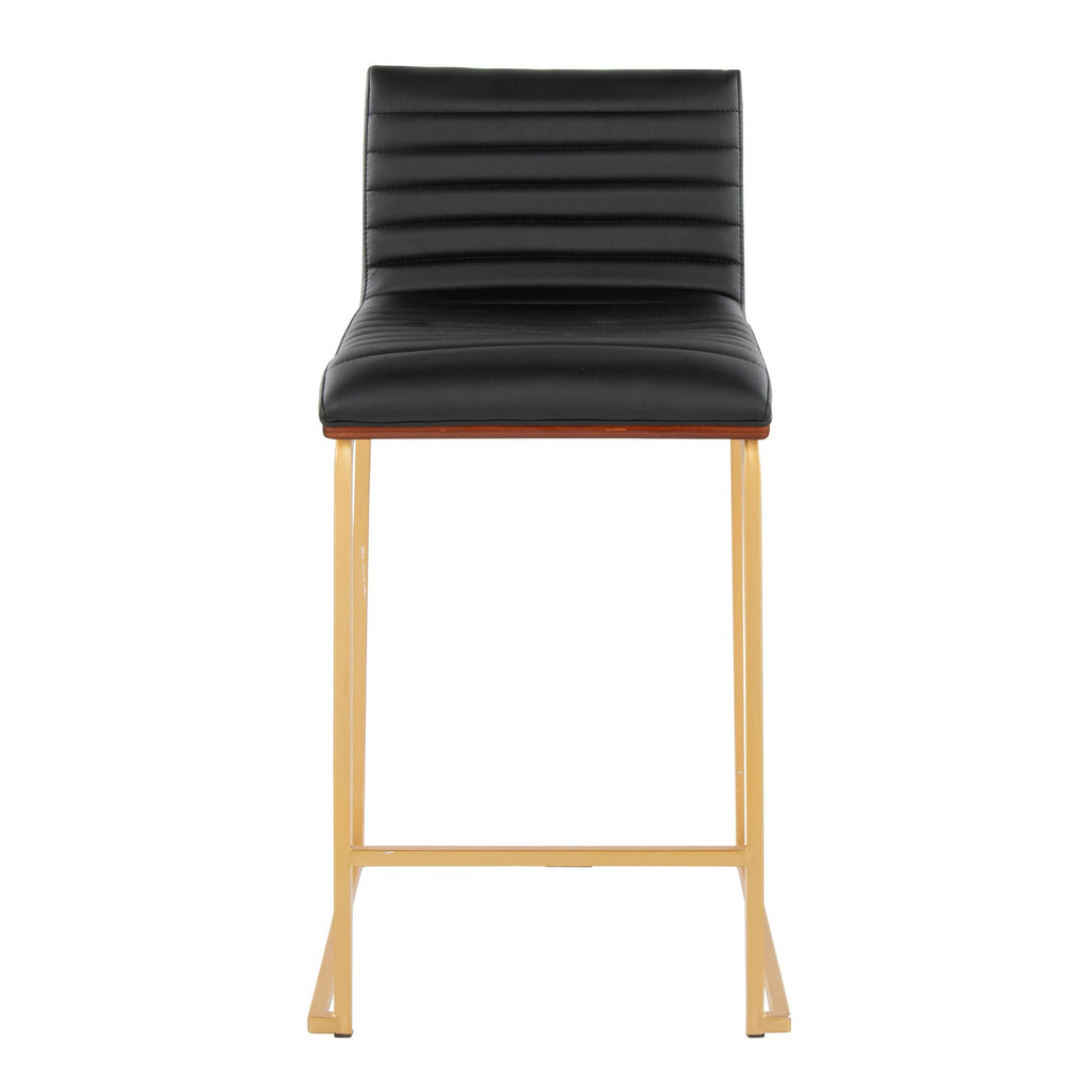 Mason Mara 26" Fixed-Height Counter Stool - Set of 2 - Gold Metal, Walnut Wood, Black PU