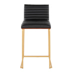 Mason Mara 26" Fixed-Height Counter Stool - Set of 2 - Gold Metal, Walnut Wood, Black PU