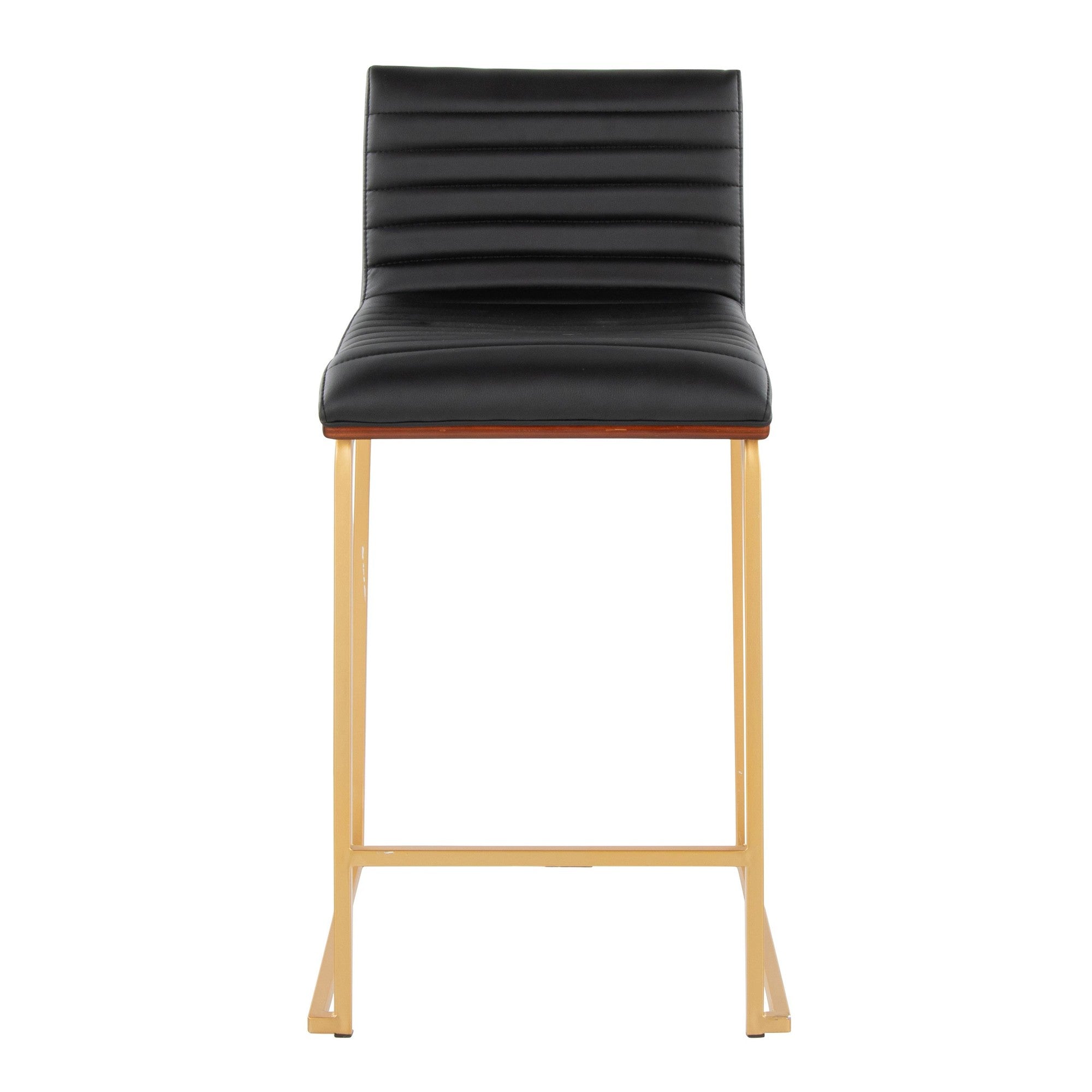 Mason Mara 26" Fixed-Height Counter Stool - Set of 2 - Gold Metal, Walnut Wood, Black PU