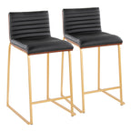 Mason Mara 26" Fixed-Height Counter Stool - Set of 2 - Gold Metal, Walnut Wood, Black PU