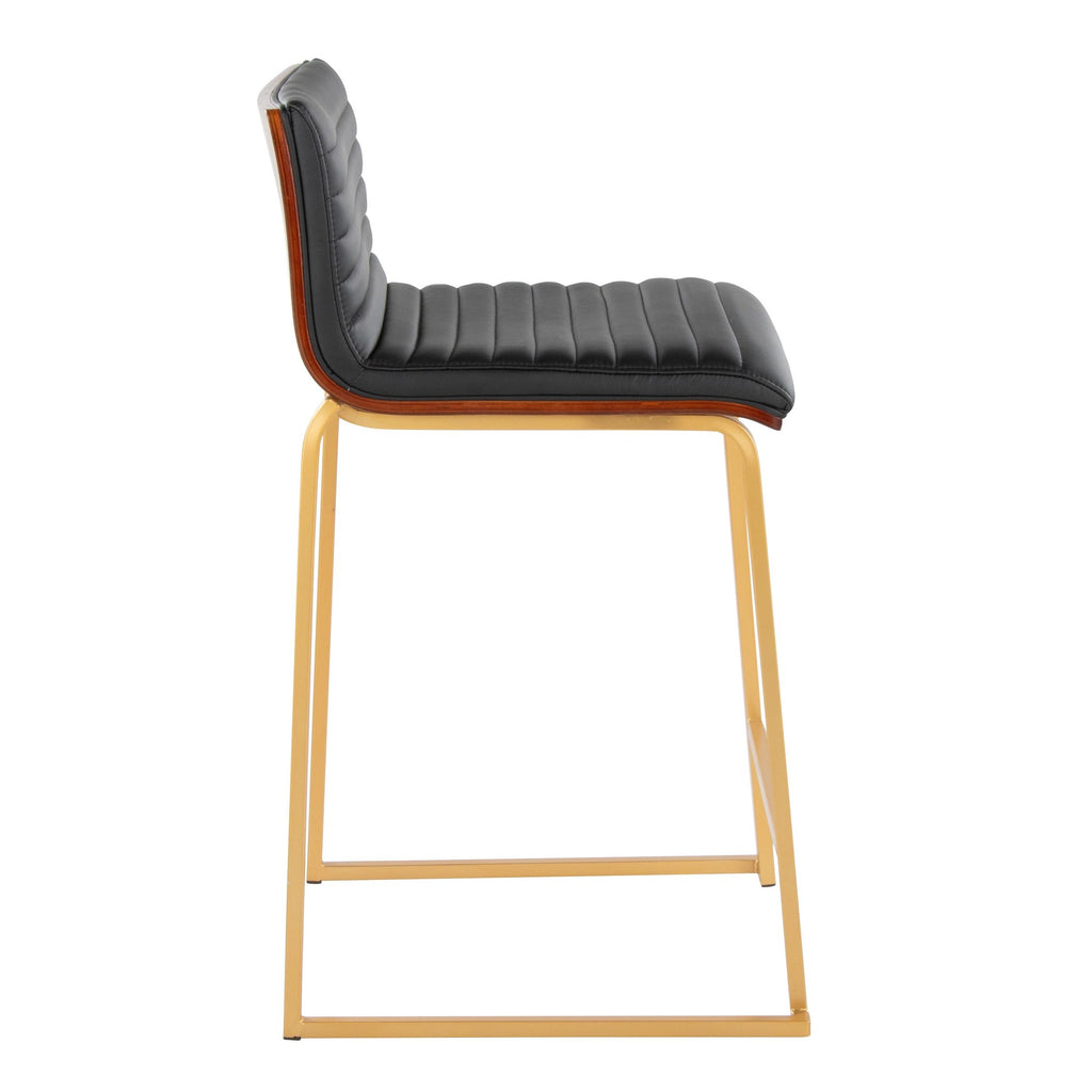 Mason Mara 26" Fixed-Height Counter Stool - Set of 2 - Gold Metal, Walnut Wood, Black PU