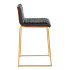 Mason Mara 26" Fixed-Height Counter Stool - Set of 2 - Gold Metal, Walnut Wood, Black PU