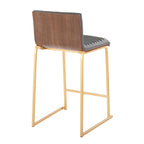 Mason Mara 26" Fixed-Height Counter Stool - Set of 2 - Gold Metal, Walnut Wood, Grey PU