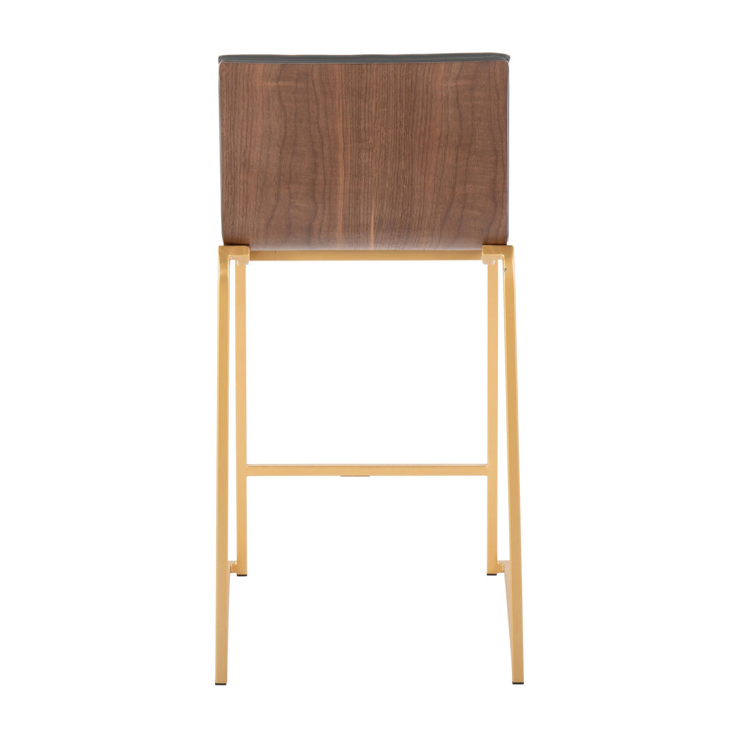 Mason Mara 26" Fixed-Height Counter Stool - Set of 2 - Gold Metal, Walnut Wood, Grey PU