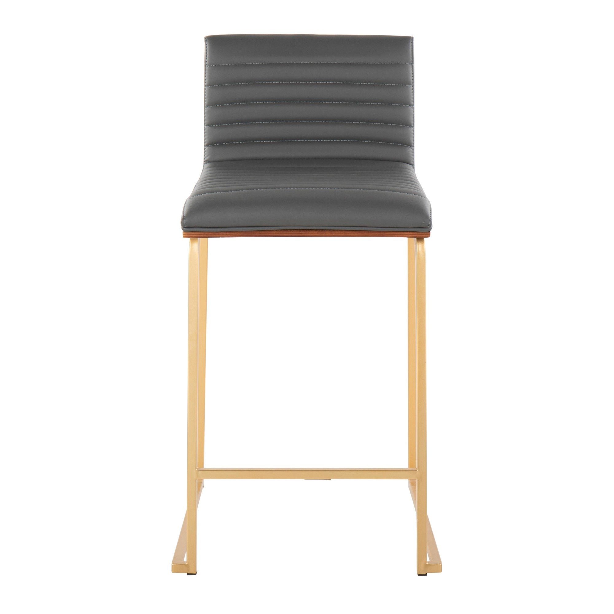 Mason Mara 26" Fixed-Height Counter Stool - Set of 2 - Gold Metal, Walnut Wood, Grey PU