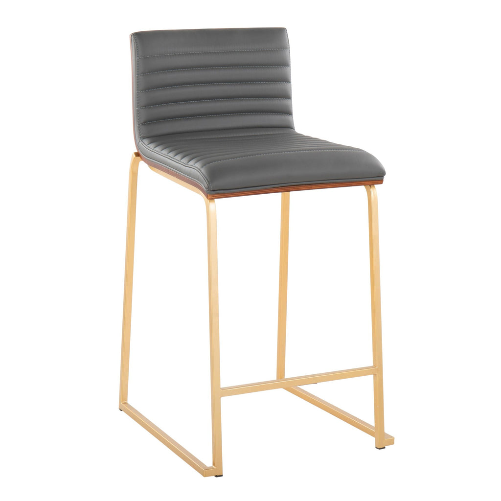 Mason Mara 26" Fixed-Height Counter Stool - Set of 2 - Gold Metal, Walnut Wood, Grey PU
