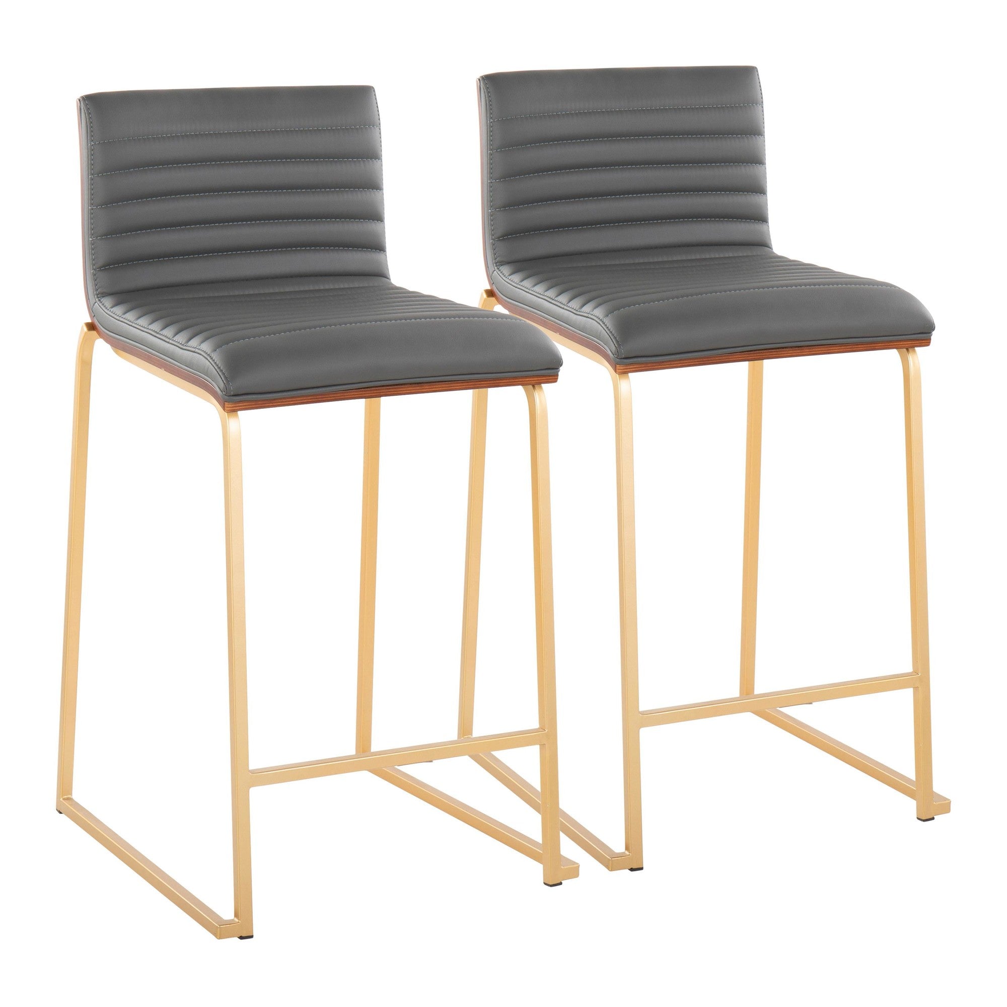 Mason Mara 26" Fixed-Height Counter Stool - Set of 2 - Gold Metal, Walnut Wood, Grey PU