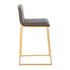 Mason Mara 26" Fixed-Height Counter Stool - Set of 2 - Gold Metal, Walnut Wood, Grey PU