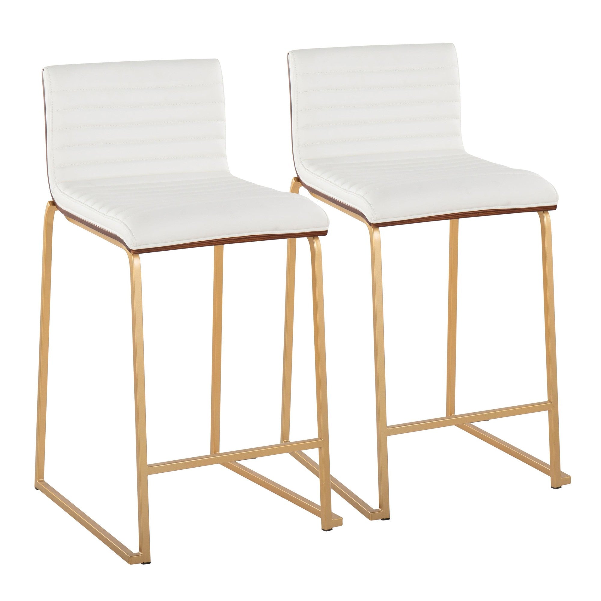 Mason Mara 26" Fixed-Height Counter Stool - Set of 2 - Gold Metal, Walnut Wood, White PU