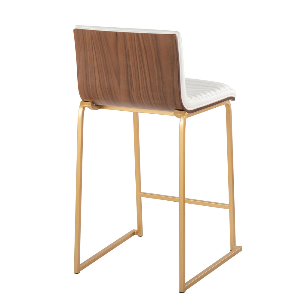 Mason Mara 26" Fixed-Height Counter Stool - Set of 2 - Gold Metal, Walnut Wood, White PU