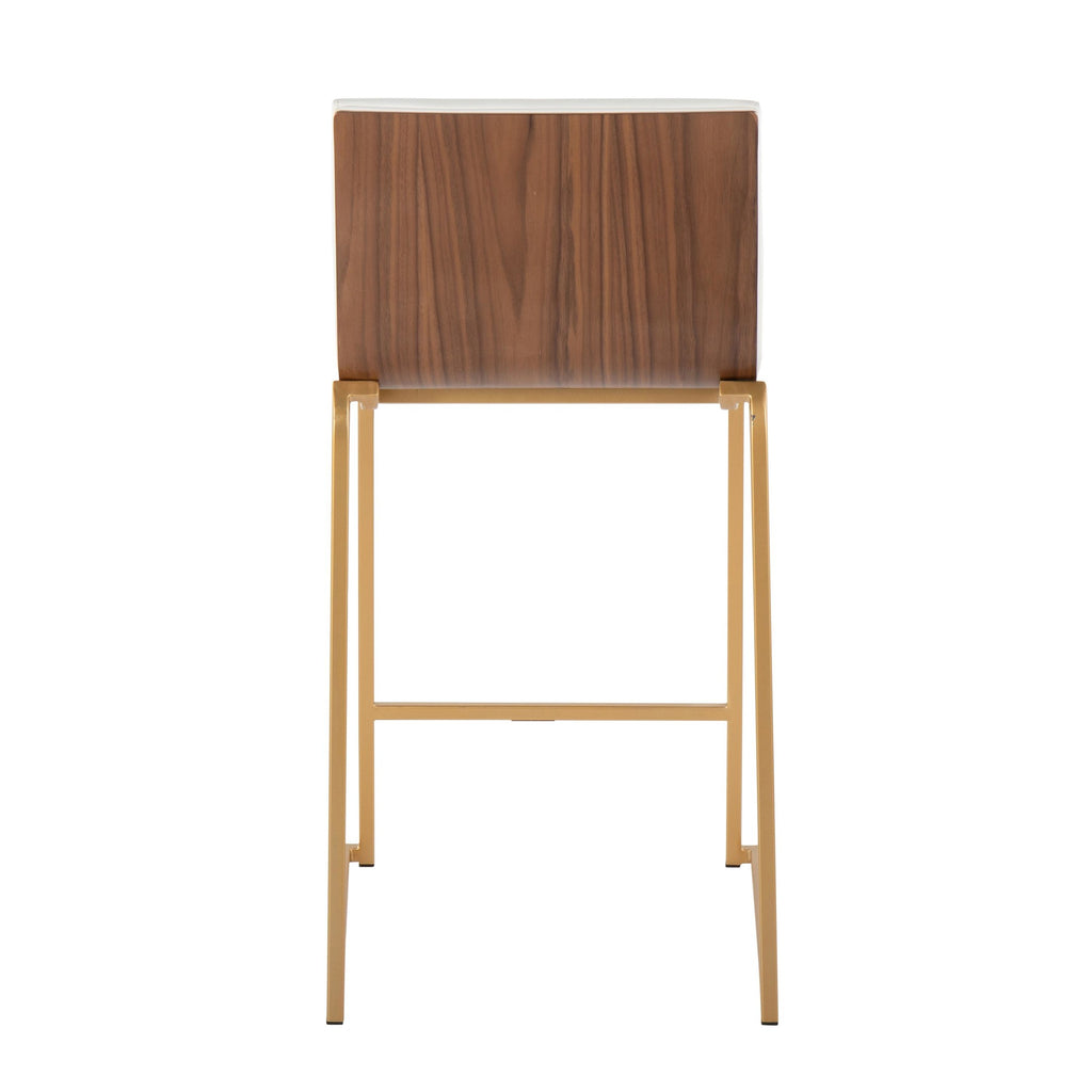 Mason Mara 26" Fixed-Height Counter Stool - Set of 2 - Gold Metal, Walnut Wood, White PU