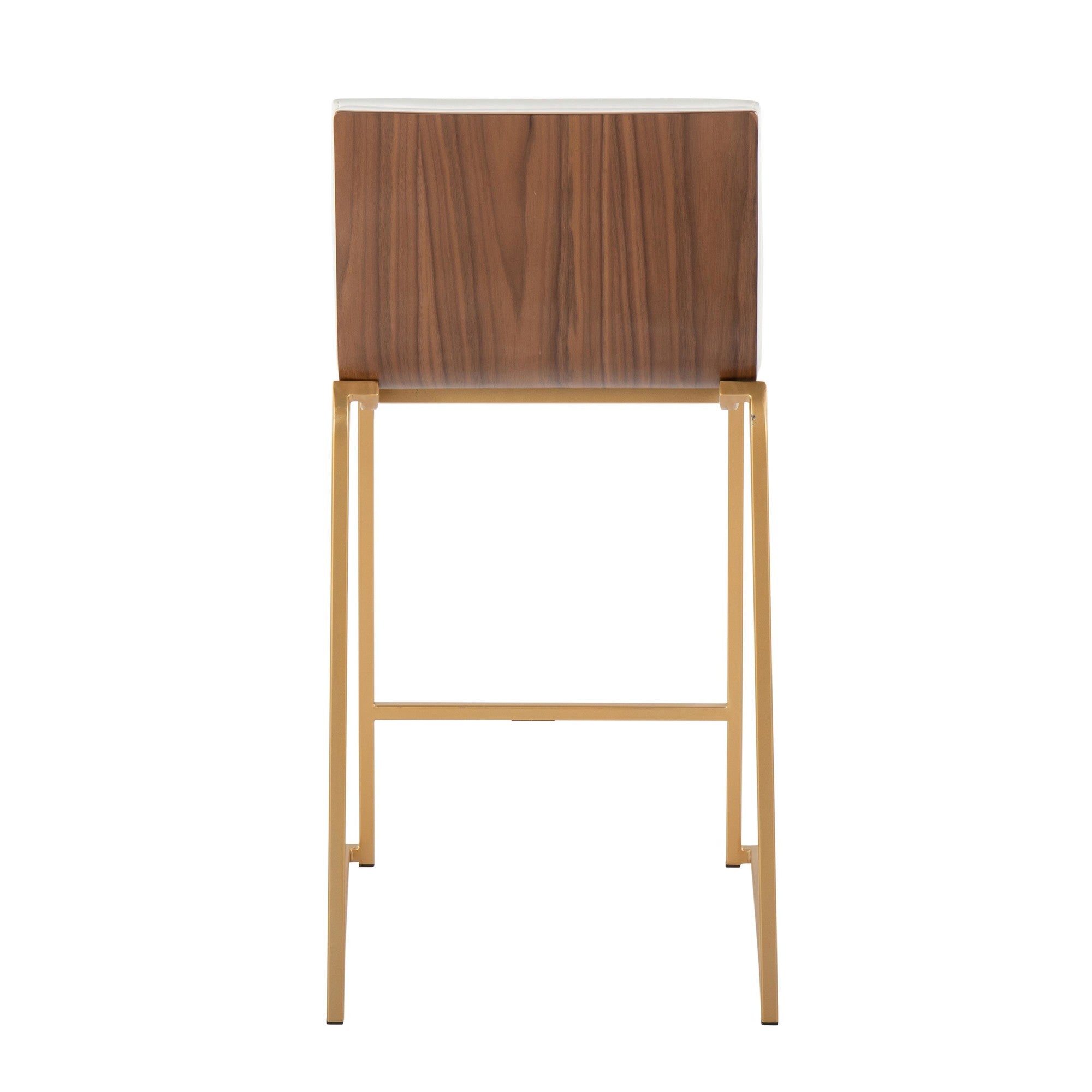 Mason Mara 26" Fixed-Height Counter Stool - Set of 2 - Gold Metal, Walnut Wood, White PU