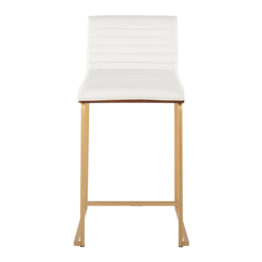 Mason Mara 26" Fixed-Height Counter Stool - Set of 2 - Gold Metal, Walnut Wood, White PU