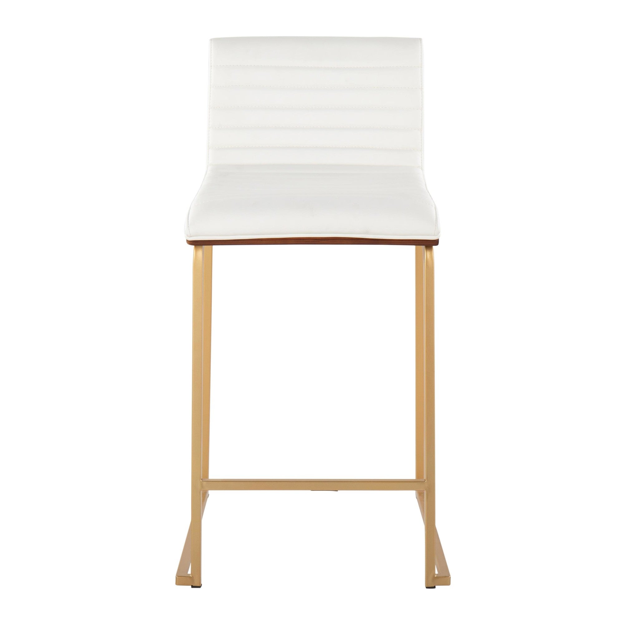 Mason Mara 26" Fixed-Height Counter Stool - Set of 2 - Gold Metal, Walnut Wood, White PU