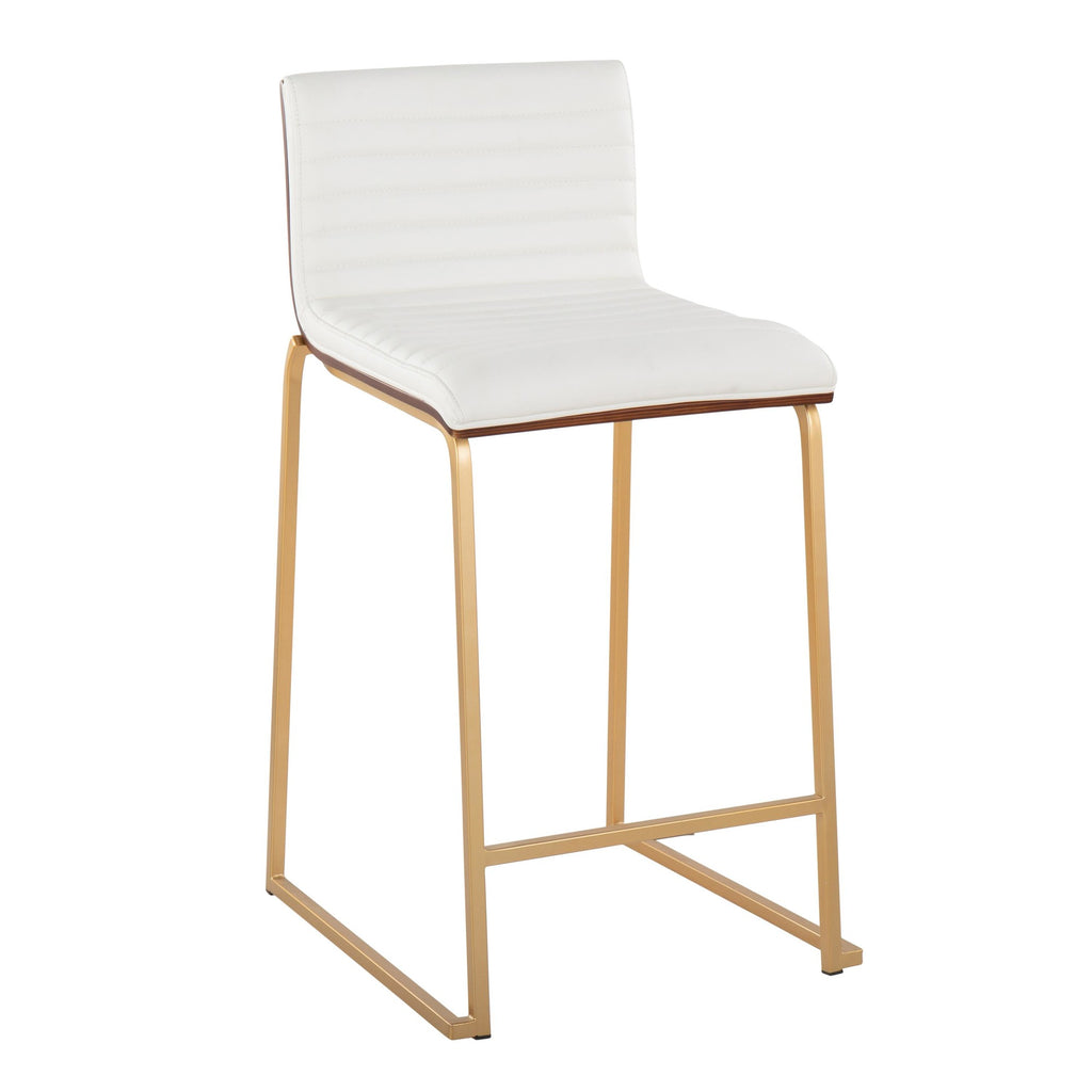 Mason Mara 26" Fixed-Height Counter Stool - Set of 2 - Gold Metal, Walnut Wood, White PU
