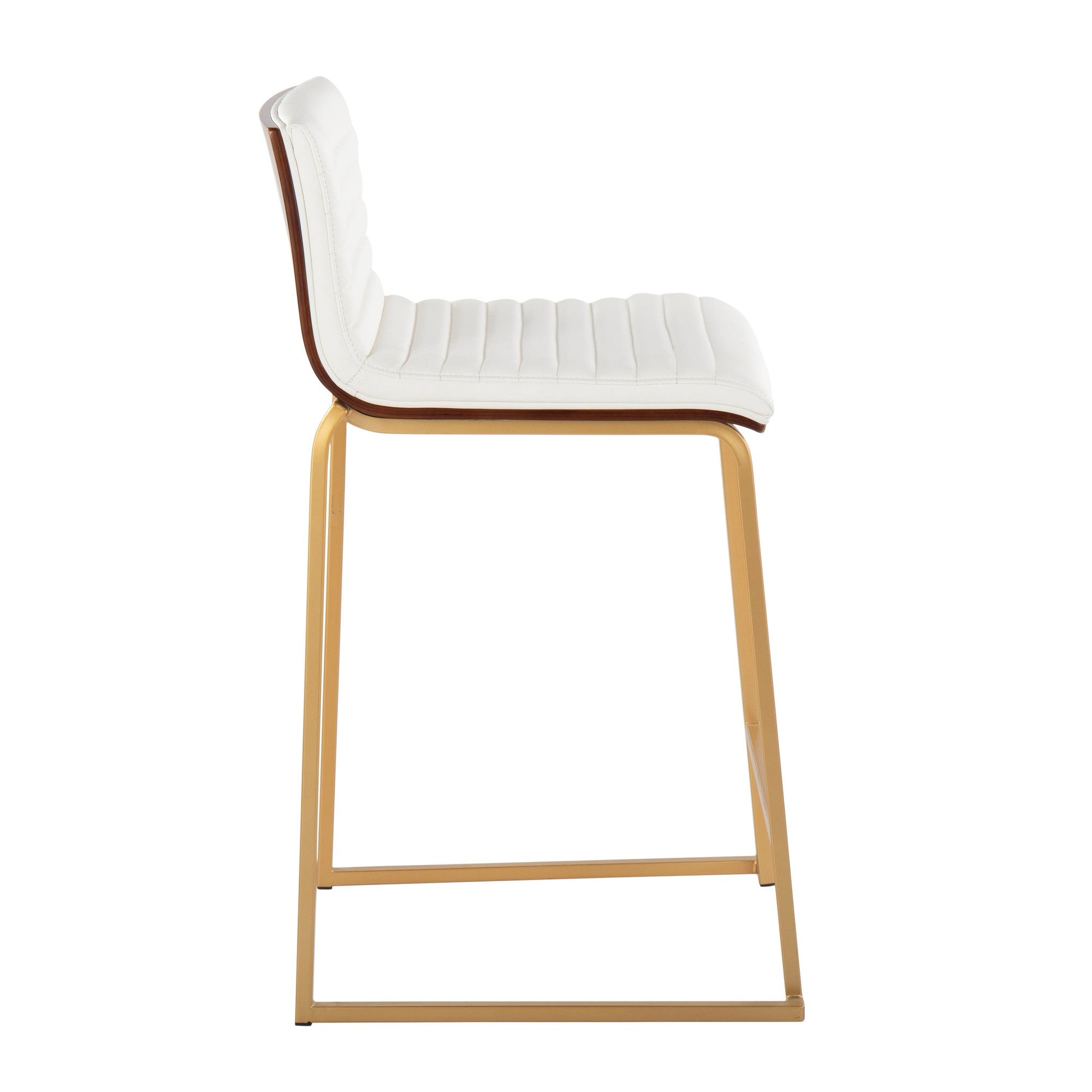 Mason Mara 26" Fixed-Height Counter Stool - Set of 2 - Gold Metal, Walnut Wood, White PU