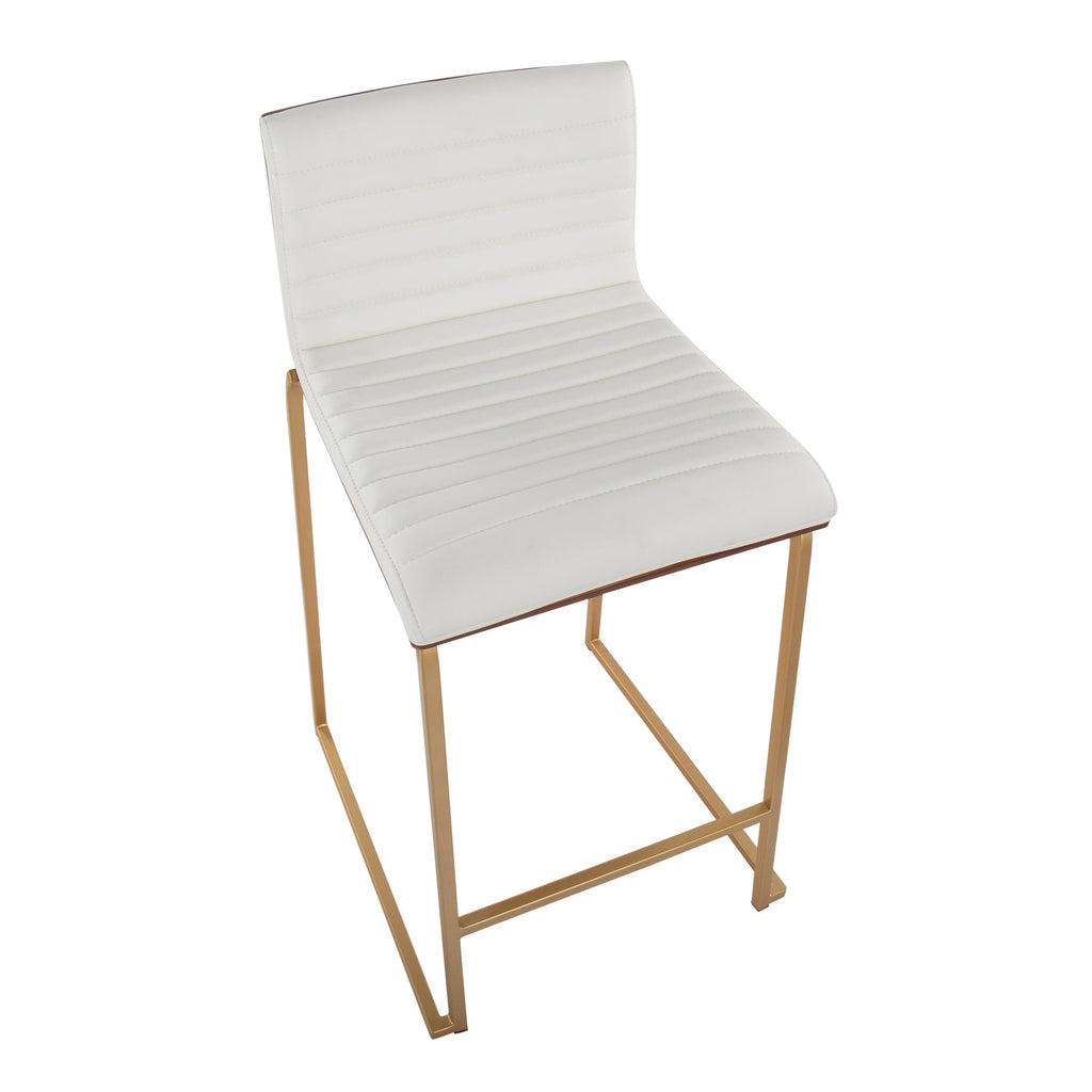 Mason Mara 26" Fixed-Height Counter Stool - Set of 2 - Gold Metal, Walnut Wood, White PU