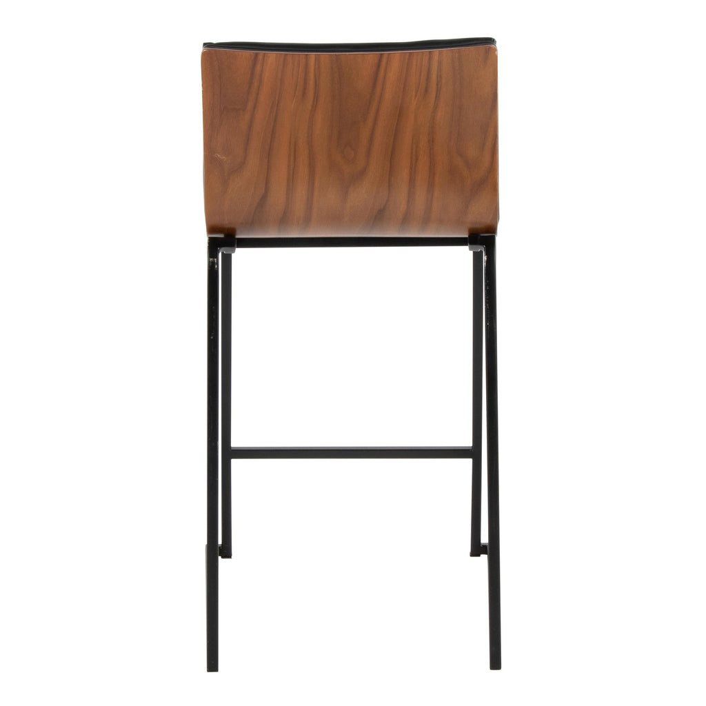 Mason Mara 26" Fixed-Height Counter Stool - Set of 2 - Black Metal, Walnut Wood, Black PU