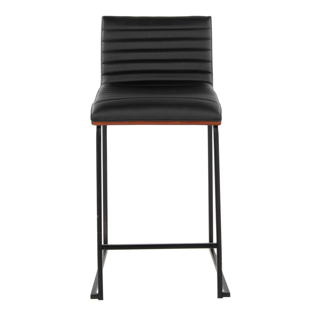 Mason Mara 26" Fixed-Height Counter Stool - Set of 2 - Black Metal, Walnut Wood, Black PU