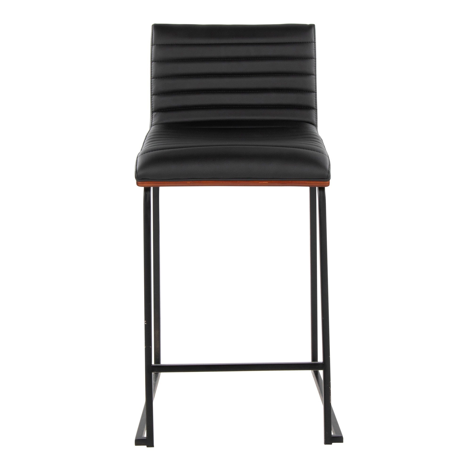 Mason Mara 26" Fixed-Height Counter Stool - Set of 2 - Black Metal, Walnut Wood, Black PU