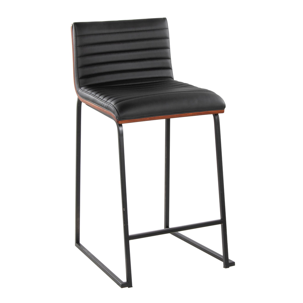Mason Mara 26" Fixed-Height Counter Stool - Set of 2 - Black Metal, Walnut Wood, Black PU