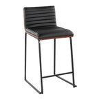 Mason Mara 26" Fixed-Height Counter Stool - Set of 2 - Black Metal, Walnut Wood, Black PU
