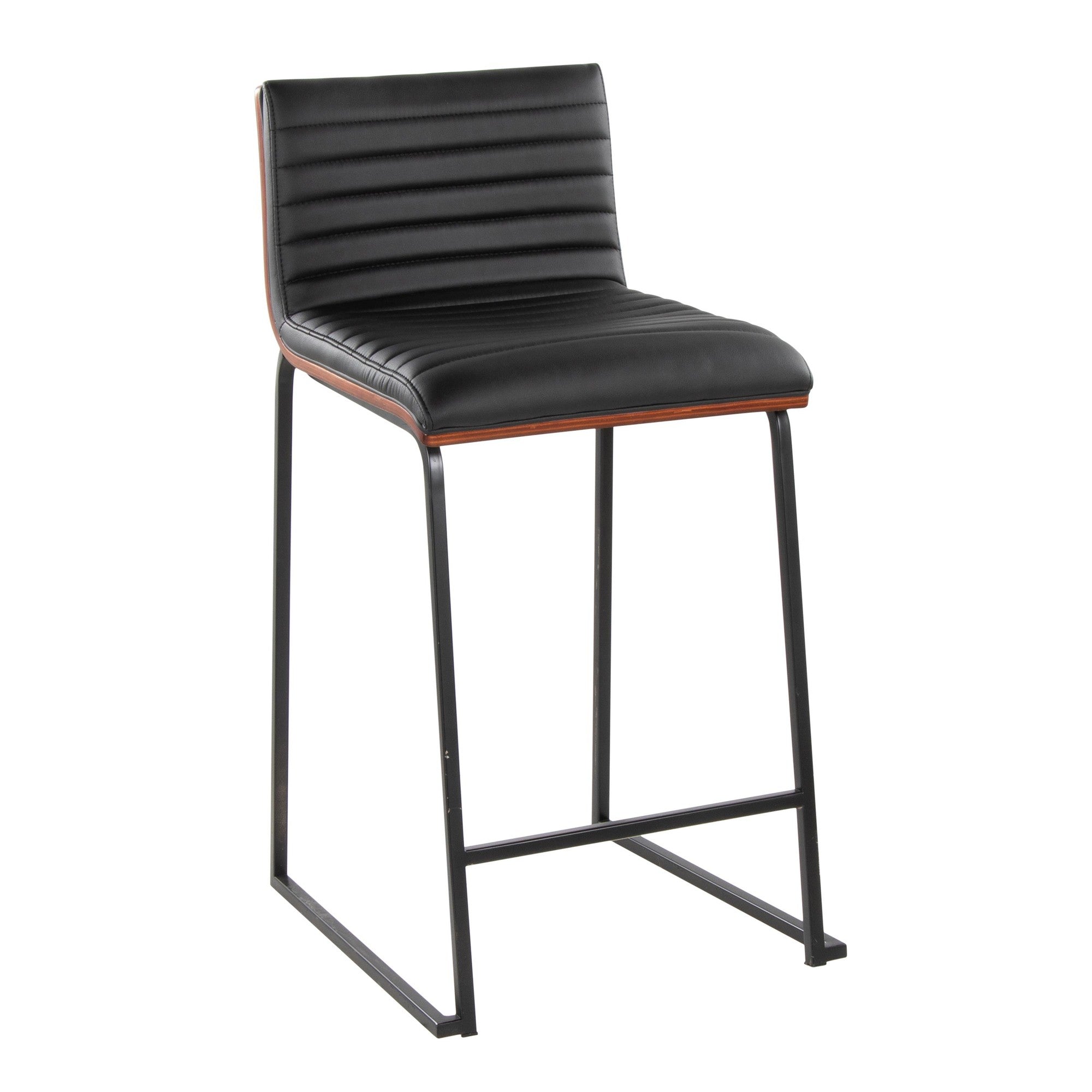 Mason Mara 26" Fixed-Height Counter Stool - Set of 2 - Black Metal, Walnut Wood, Black PU