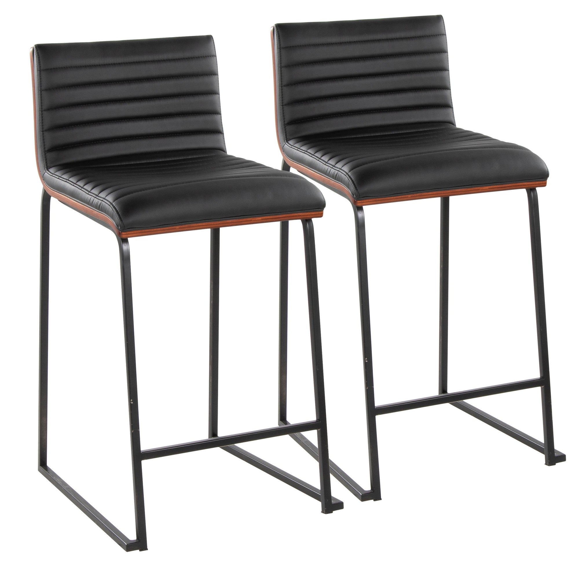 Mason Mara 26" Fixed-Height Counter Stool - Set of 2 - Black Metal, Walnut Wood, Black PU