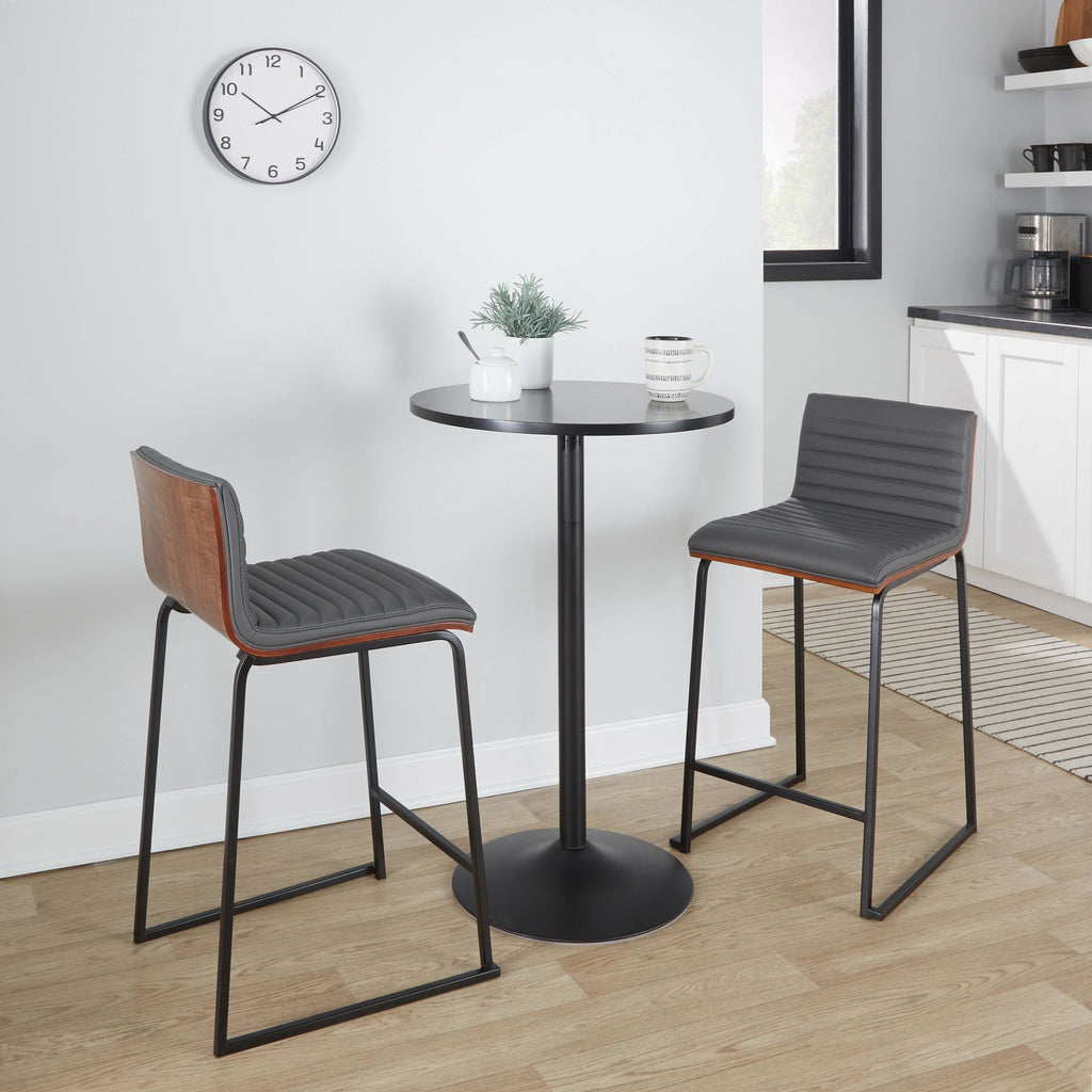 Mason Mara 26" Fixed-Height Counter Stool - Set of 2 - Black Metal, Walnut Wood, Grey PU