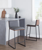 Mason Mara 26" Fixed-Height Counter Stool - Set of 2 - Black Metal, Walnut Wood, Grey PU